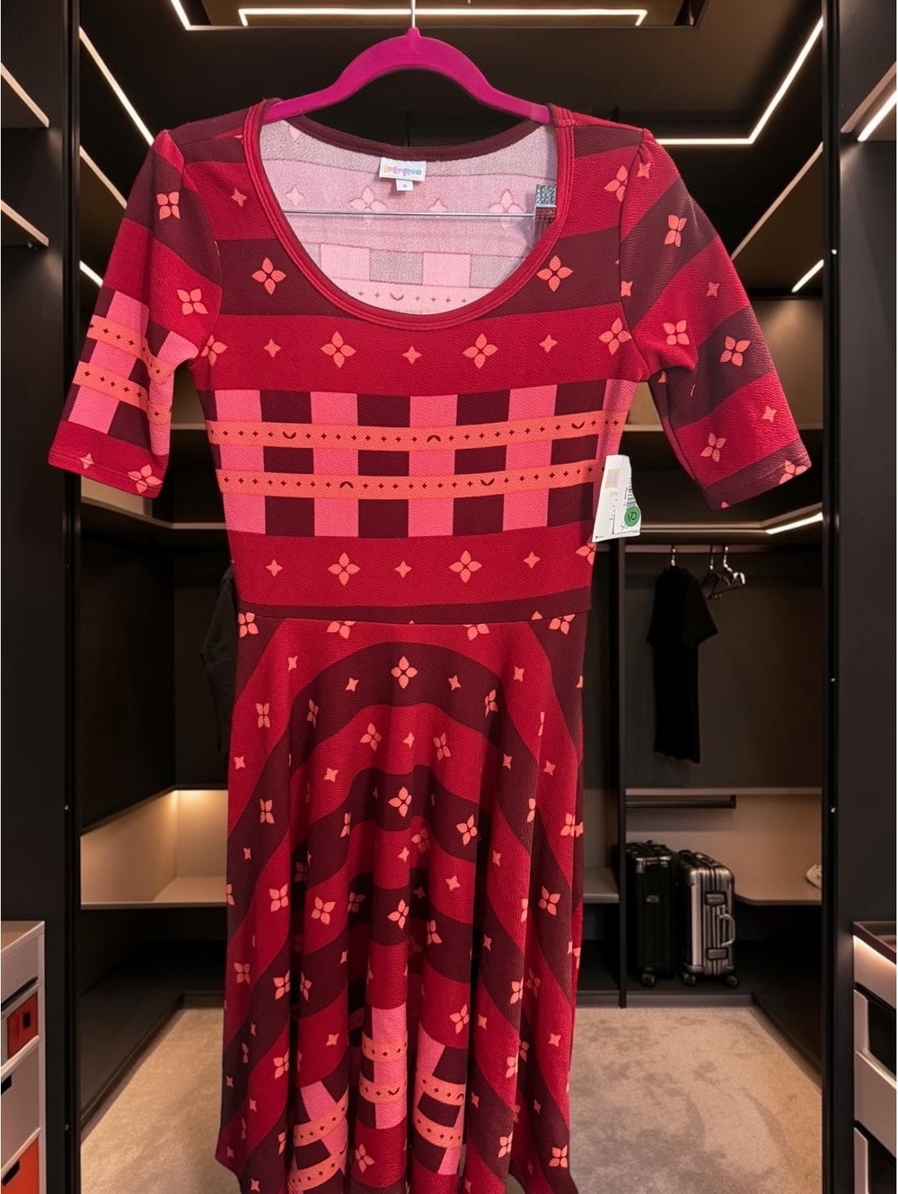 LuLaRoe Nicole Dress Small NWT Burgundy Red Geometric Fit Flare Skater Midi